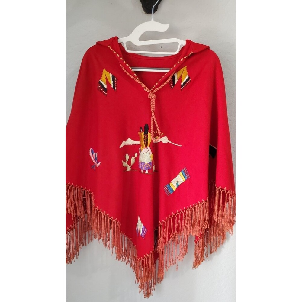 Vintage Red Southwest Embroidered Fringe Poncho - One Size